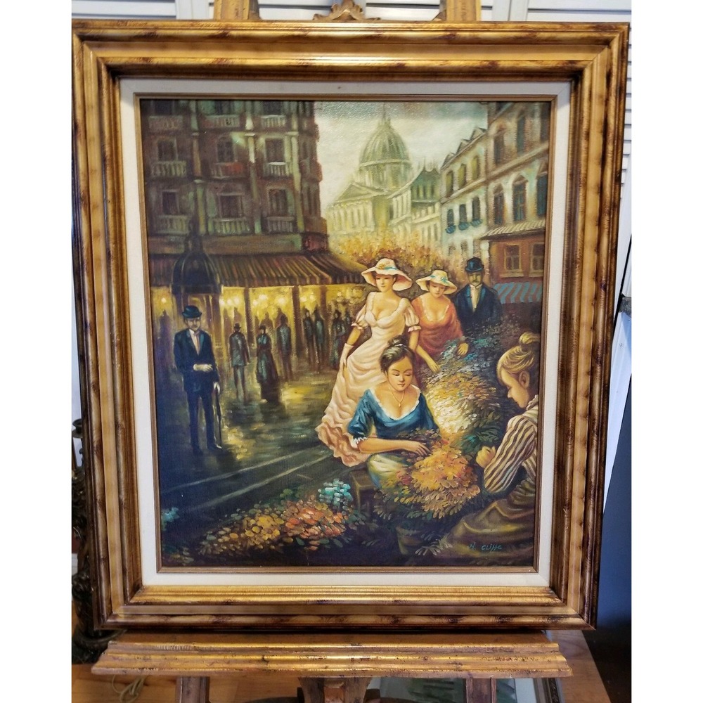 Vintage Original Oil Painting Parisian Flower Market Scape Signed 31"x 27"